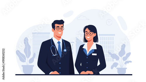 Professional male doctor with a stethoscope and a female medical manager standing together in a modern clinic office setting.