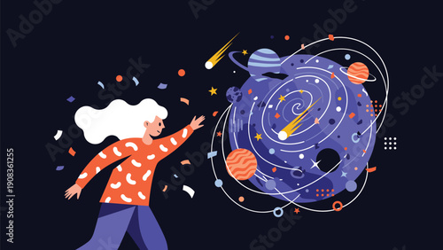Young woman reaching out towards a vibrant purple galaxy filled with planets, stars, and comets in an outer space exploration concept.