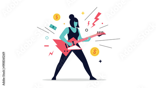 Energetic female musician in a black tank top playing an electric guitar surrounded by musical notes and dollar signs.