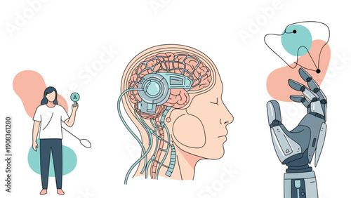 Advanced technology concept showing a human profile with a cybernetic brain connected to wires and a robotic mechanical hand.