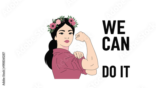 Powerful woman with a flower crown in a pink shirt showing her biceps against a white background with text 'WE CAN DO IT'.