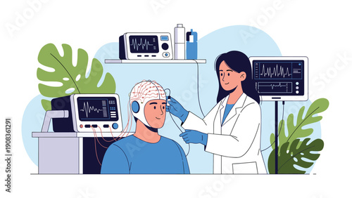 Female doctor performing a brain activity scan on a male patient using a specialized head cap with sensors in a medical laboratory.