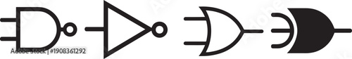 Digital logic gate symbols set in black, isolated on white background, clean vector illustration