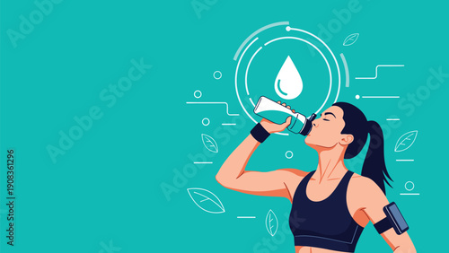 Athletic young woman in sportswear drinking water from a bottle after a workout session against a vibrant green background.