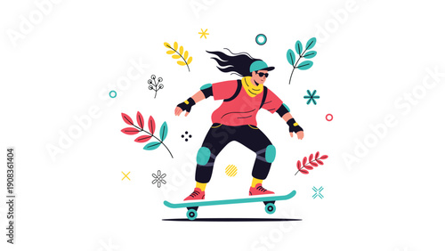 Energetic person on a skateboard performs a trick surrounded by vibrant decorative leaves and abstract symbols in a flat design style.