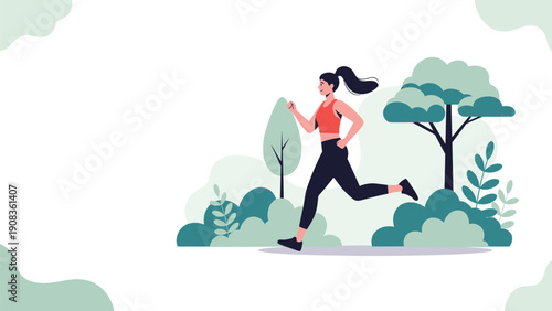 Active woman in sportswear enjoys a morning run through a lush green park filled with trees and bushes under a clear white sky.