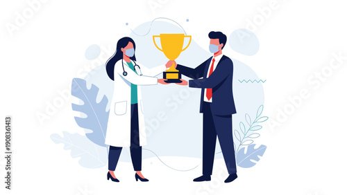 Dedicated doctor and professional businessman both wearing face masks celebrate success together while holding a large golden trophy cup.