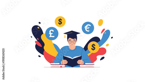 Hardworking graduate student in a cap reads a book while various international currency symbols float above his head in an abstract setting.