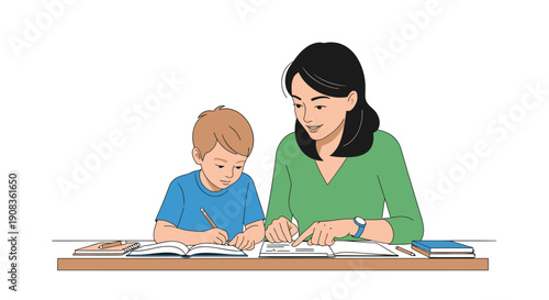 Mother helping son with homework, vector illustration, family education, learning, school, Isolated on transparent background, png
