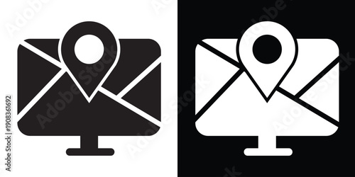 Online location icon featuring a computer monitor with a map and GPS pin. Vector symbol for digital navigation, tracking, local business search, and web-based mapping services.