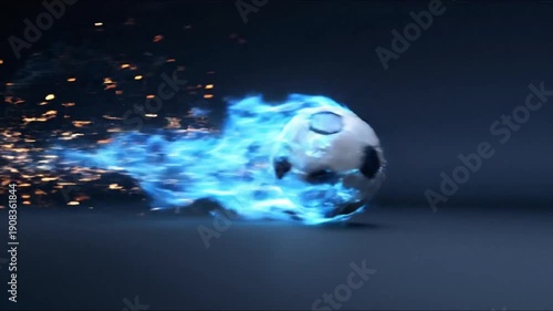 Soccer ball engulfed in vibrant blue flames with sparks