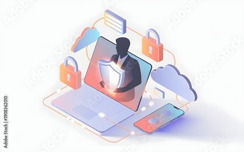 Isometric 3D Illustration of Cyber Security Shield Concept with Laptop Smartphone and Cloud Protection
