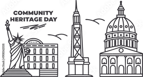 Outline illustration of iconic American landmarks celebrating community heritage day
