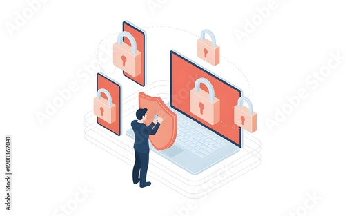 Isometric Cybersecurity Concept with Laptop, Shield and Padlocks
