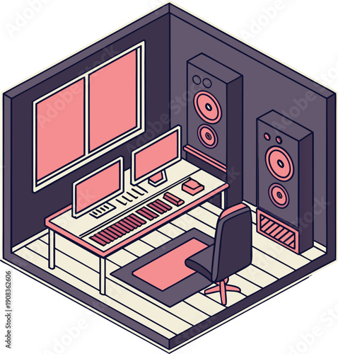 Modern music production studio with computer and speakers