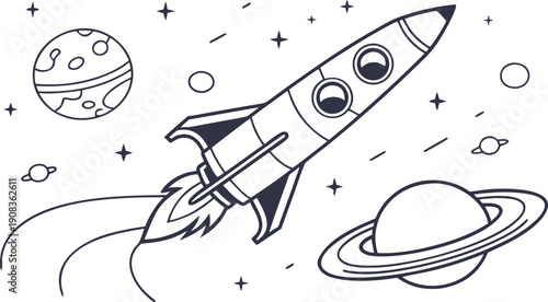 An adorable cartoon rocket ship takes off on an exciting space adventure among planets and stars