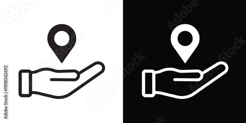 Minimalist hand holding a map location pin pointer. Symbolizes navigation, destination tracking, local business services, and delivery points. Modern black and white UI design element.