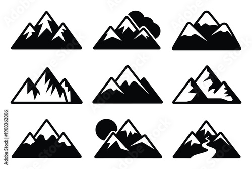 Collection of stylized black and white mountain with snow and clouds