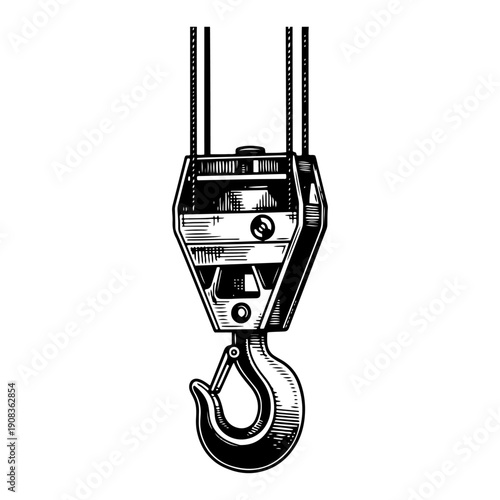 Heavy duty industrial crane hook with cables hanging in a detailed black and white engraving style
