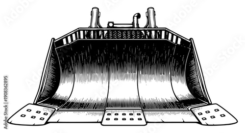 Heavy industrial bulldozer bucket blade hand drawn in vintage woodcut engraving style