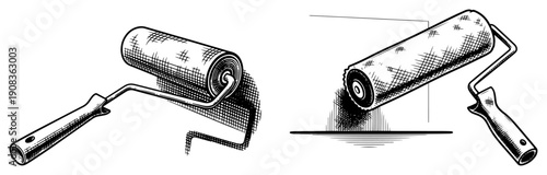 Professional paint roller tool set for home renovation in vintage engraving style