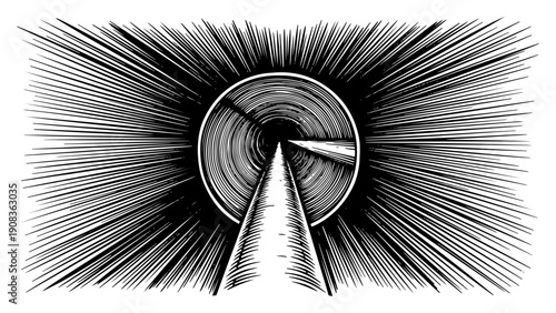Abstract circular tunnel with intense radial motion lines in artistic woodcut engraving style