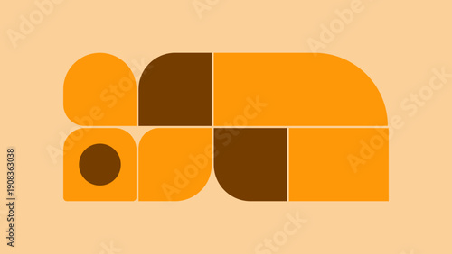 Minimal geometric abstract layout with rounded block shapes in bright orange and dark brown on soft beige background, modern flat vector ideal for branding, packaging, or digital backgrounds