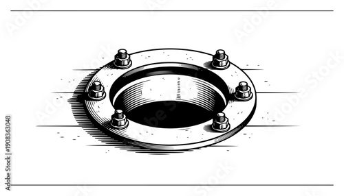 Mechanical flange with metal bolts and circular opening in technical hand drawn engraving style