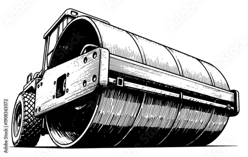 Woodcut style illustration of a heavy road roller construction machine with detailed textures