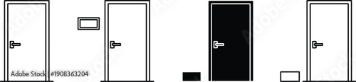 Interior room door icons set showing entrance exit doorway variations isolated vector illustration collection design elements modern graphic
