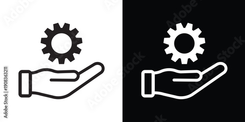 Minimalist hand holding a gear icon. Concept of technical support, industrial services, management, and mechanical maintenance. Vector illustration in black and white styles.