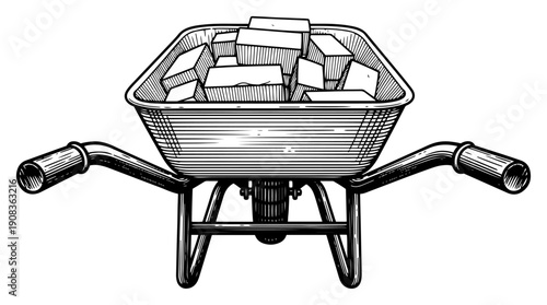 Vintage woodcut illustration of a construction wheelbarrow filled with heavy bricks