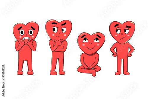 Set of 4 Red Love Characters with Different Facial Expressions Cute Valentine Illustration
