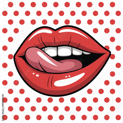 Stylish pop art illustration of red glossy lips licking tongue on retro polka dot background.Bold vibrant illustration with playful and glamorous feminine concept.