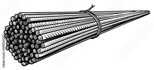 Woodcut style illustration of a tied bundle of steel rebar rods in perspective