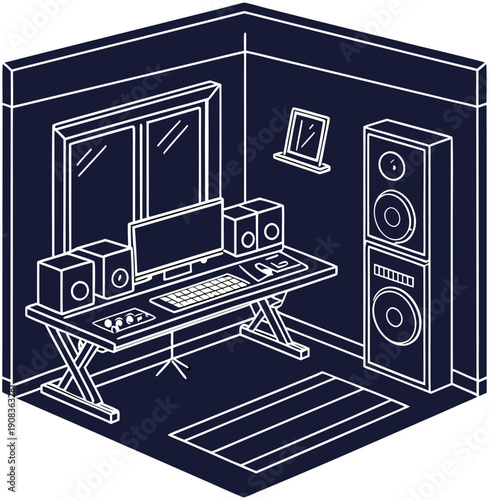 Elevate your music production with this sleek studio setup, complete with a mixing console, speakers, and professional audio equipment, perfect for music producers and audio engineers