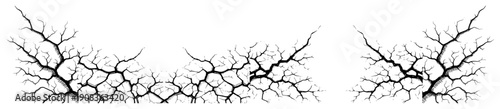 Detailed ink sketch of multiple branching cracks and fractured surfaces in woodcut style