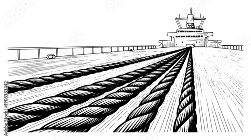 Perspective view of a large ship deck with thick heavy ropes in vintage engraving style