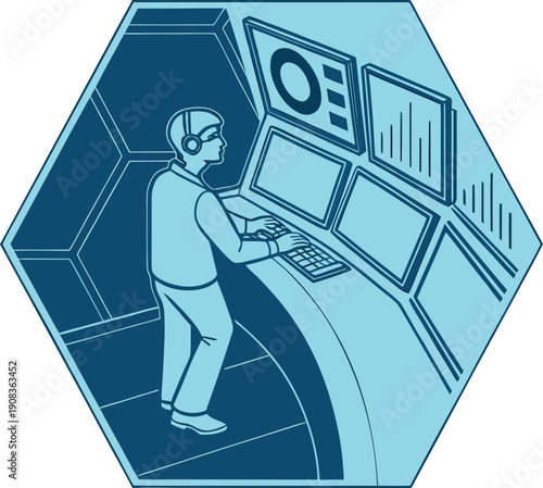 Technologist working on futuristic control panel in modern laboratory setting
