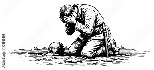 Sad soldier kneeling on a battlefield with head in hands in dramatic woodcut style