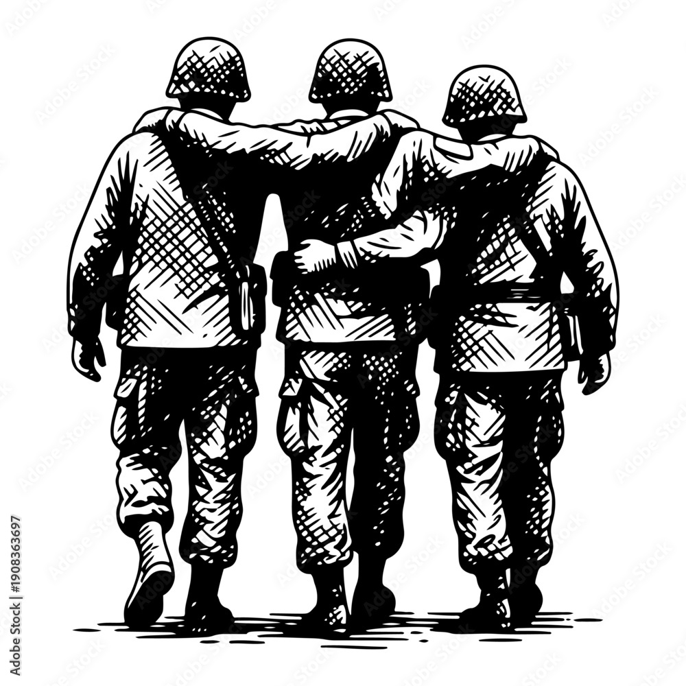 Wall Mural Back view of three soldiers walking together with arms around shoulders in broth