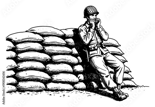 Hand drawn woodcut illustration of a soldier leaning against sandbags and playing a harmonica during a break from battle