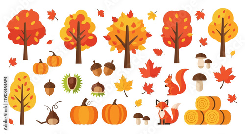 Autumn Harvest Collection: Trees, Pumpkins, Squirrel, Fox, Acorns, Mushrooms, Hay Bales
