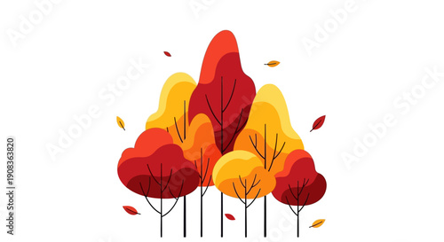 Vibrant Autumn Forest Illustration: Red, Orange, Yellow Trees and Falling Leaves