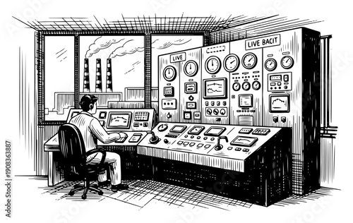 Industrial control room scene with an operator monitoring complex machinery gauges
