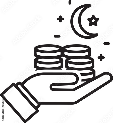 A hand holding coins under a moon and stars symbolizing financial growth and prosperity