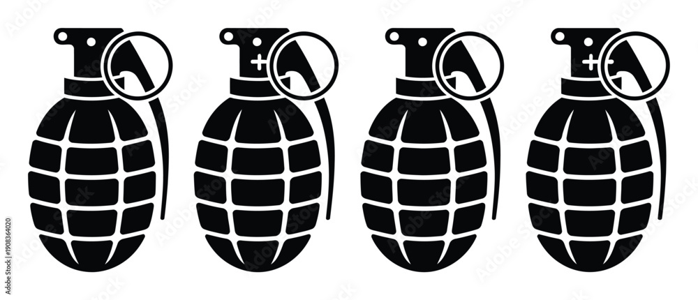 Naklejka premium Four black and white stencil-style hand grenades in a row