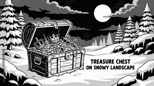treasure chest overflowing with gold coins antique jewelry and valuable artifacts placed in snowy winter landscape representing wealth luxury discovery adventure mystery and hidden fortune