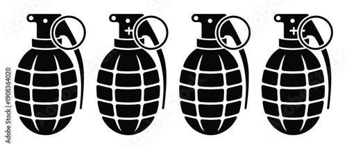 Four black and white stencil-style hand grenades in a row