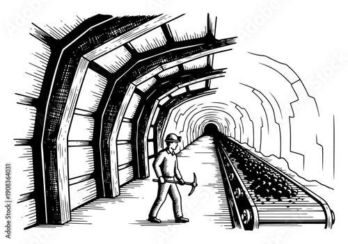 Woodcut style illustration of a coal miner walking in an underground tunnel next to a conveyor belt